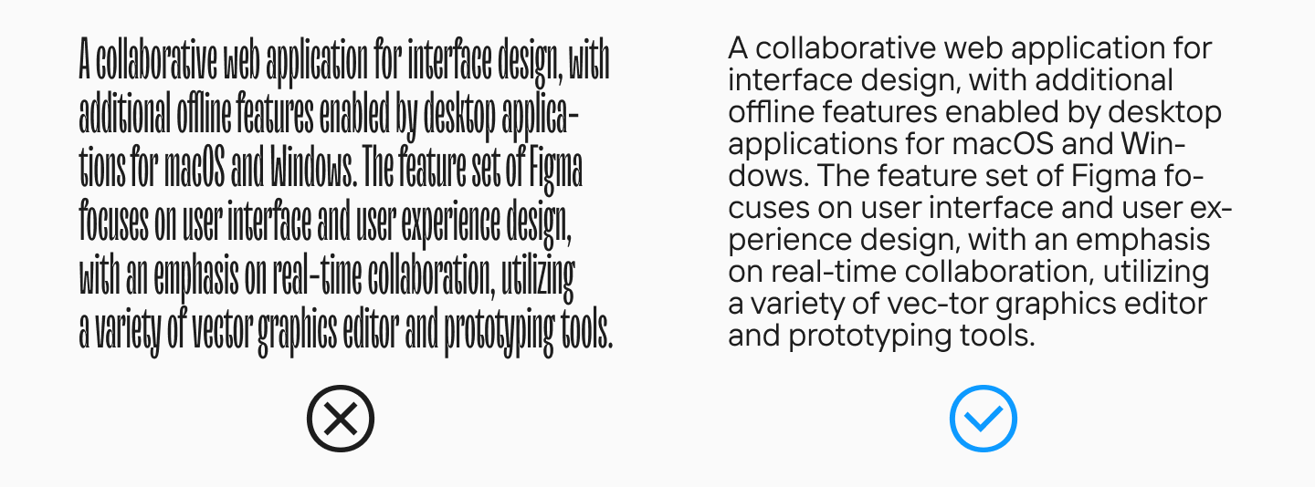 Vergleich zweier Absätze in Figma: mit falscher Worttrennung vec-tor und korrigierter Trennung, Demo der Typografie-Einstellungen
