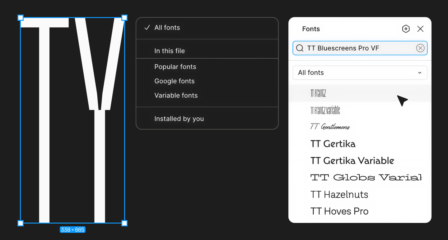 Dropdown-Liste der Schriftarten in Figma mit den Kategorien All fonts, Variable fonts und TypeType-Schriften