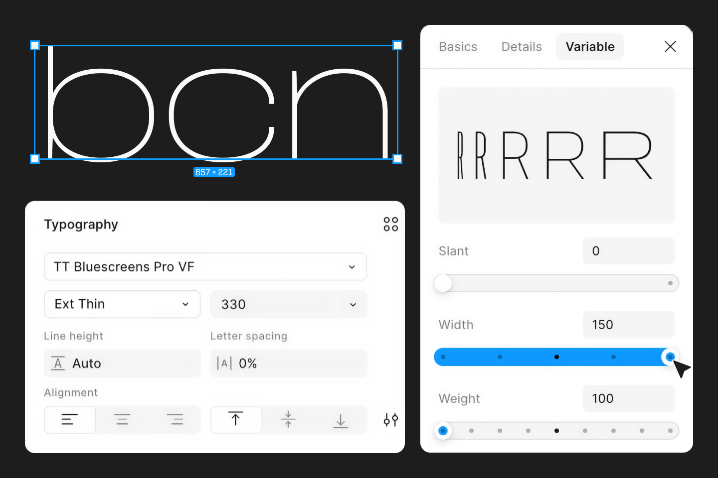 Variable font settings panel in Figma with Weight, Width and Slant axes
