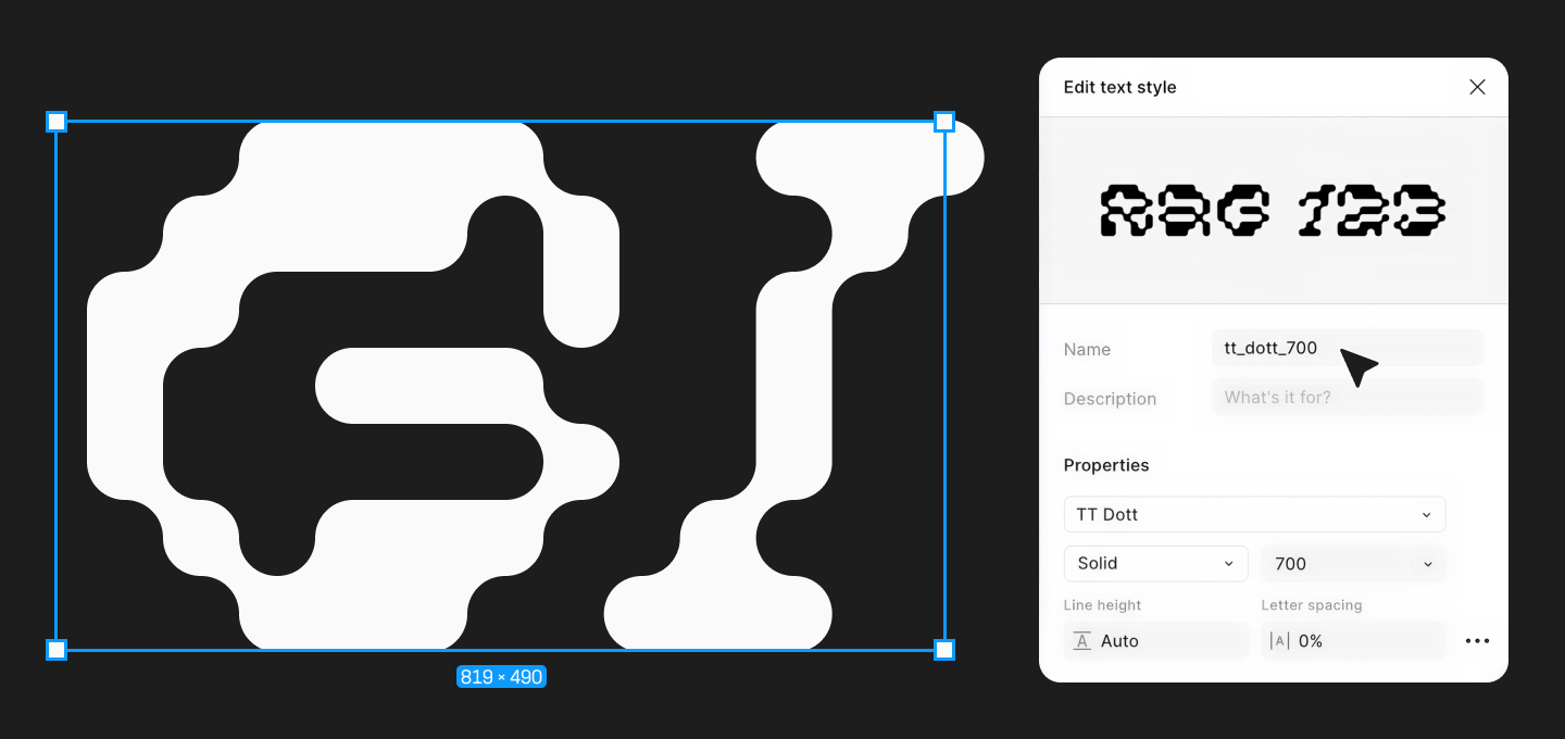 Edit text style window in Figma showing name tt_dott_700, TT Dott Solid 700 font, line height and tracking settings
