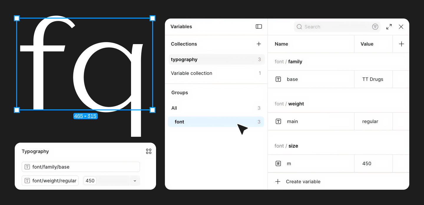 Variables panel in Figma showing typography collection and variables font/family/base, font/weight/main, font/size/m