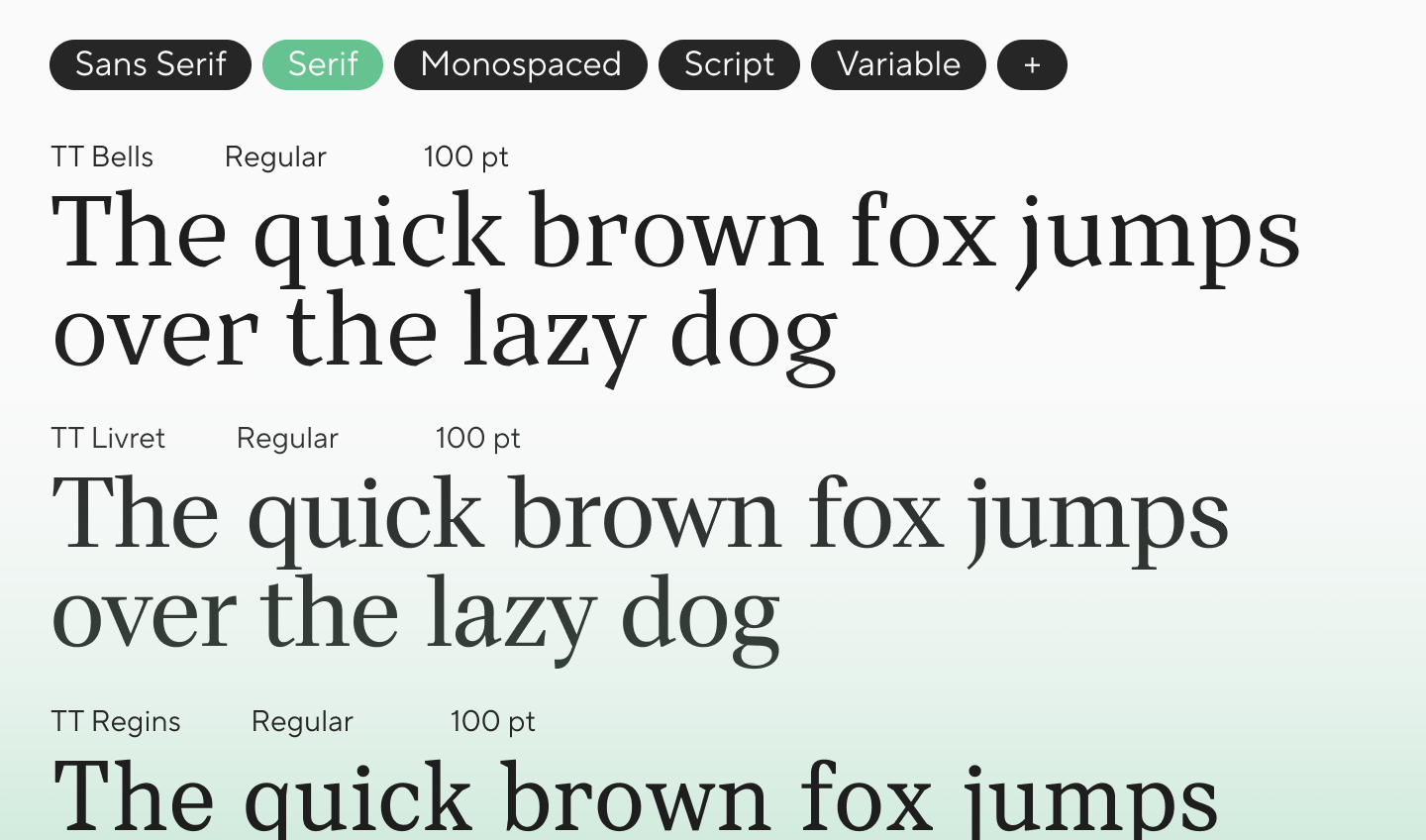 Comparison of serif, sans serif, monospaced, script, and variable font categories